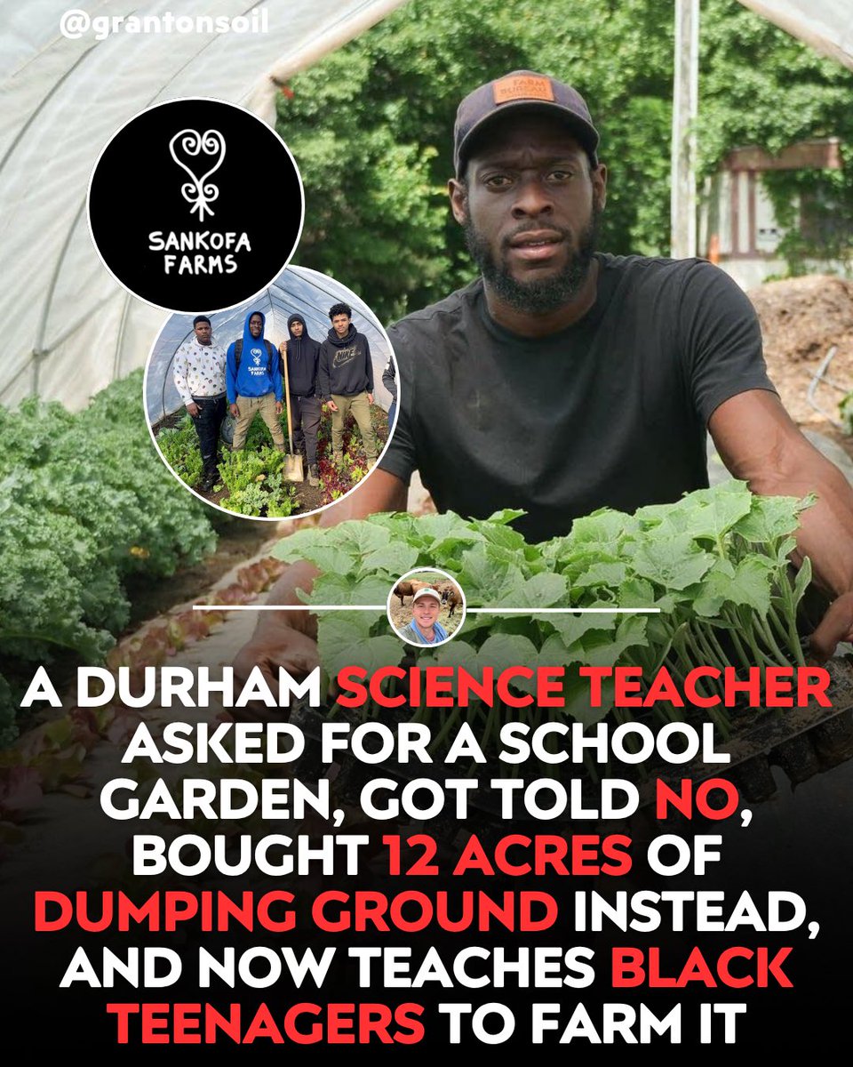 grantonsoil's tweet photo. A principal said no to a school garden, so a teacher bought a farm.

Kamal Bell taught middle school science in Durham and wanted kids growing food.

Turned down, he borrowed about seventy thousand dollars and bought 12 weedy acres.

It took two years to carve fields out of what had been a dump.

Sankofa Farms now runs a youth academy on that same ground.

Find Black owned farms training the next generation on Localize.
Sources: WUNC, EcoFarming Daily