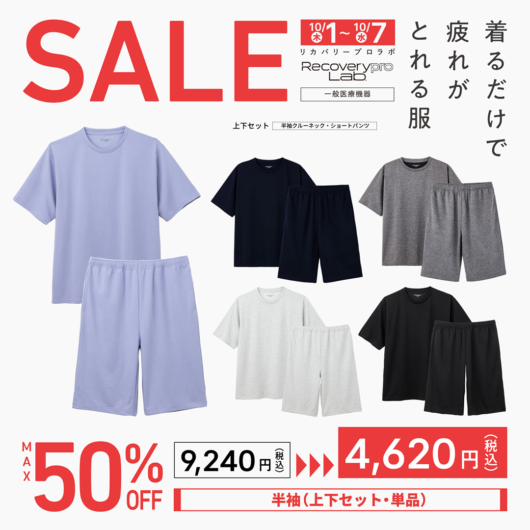 Recoverypro_Lab's tweet photo. 半袖・ショートパンツが、7日間限定50％OFF。  
一般医療機器のリカバリーウェア「リカバリープロラボ」を、10/1〜10/7限定でお得に。  
着るだけの疲労回復を、毎日の習慣に。