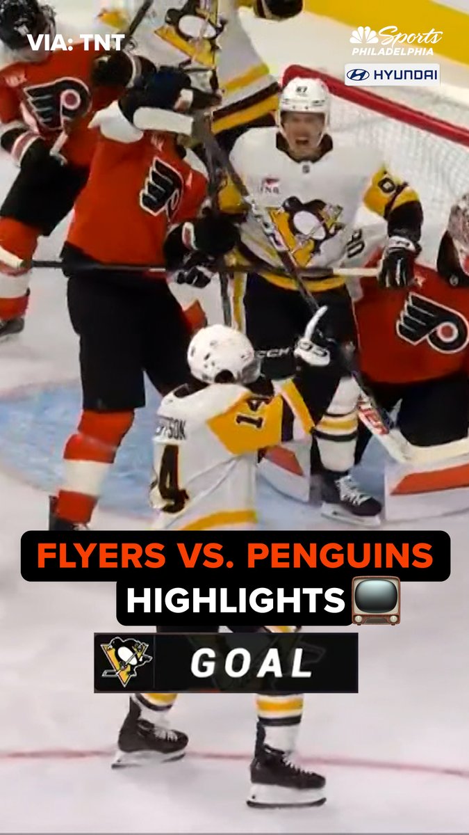 A screenshot from a TNT broadcast shows Pittsburgh Penguins player #14 celebrating a goal in front of the net while Philadelphia Flyers players look on in frustration, with the overlay text reading "FLYERS VS. PENGUINS HIGHLIGHTS 📺 GOAL" alongside the Penguins logo. The image visually illustrates the post's caption about the Flyers struggling early, capturing a moment of Penguins celebration near the Flyers' goal.