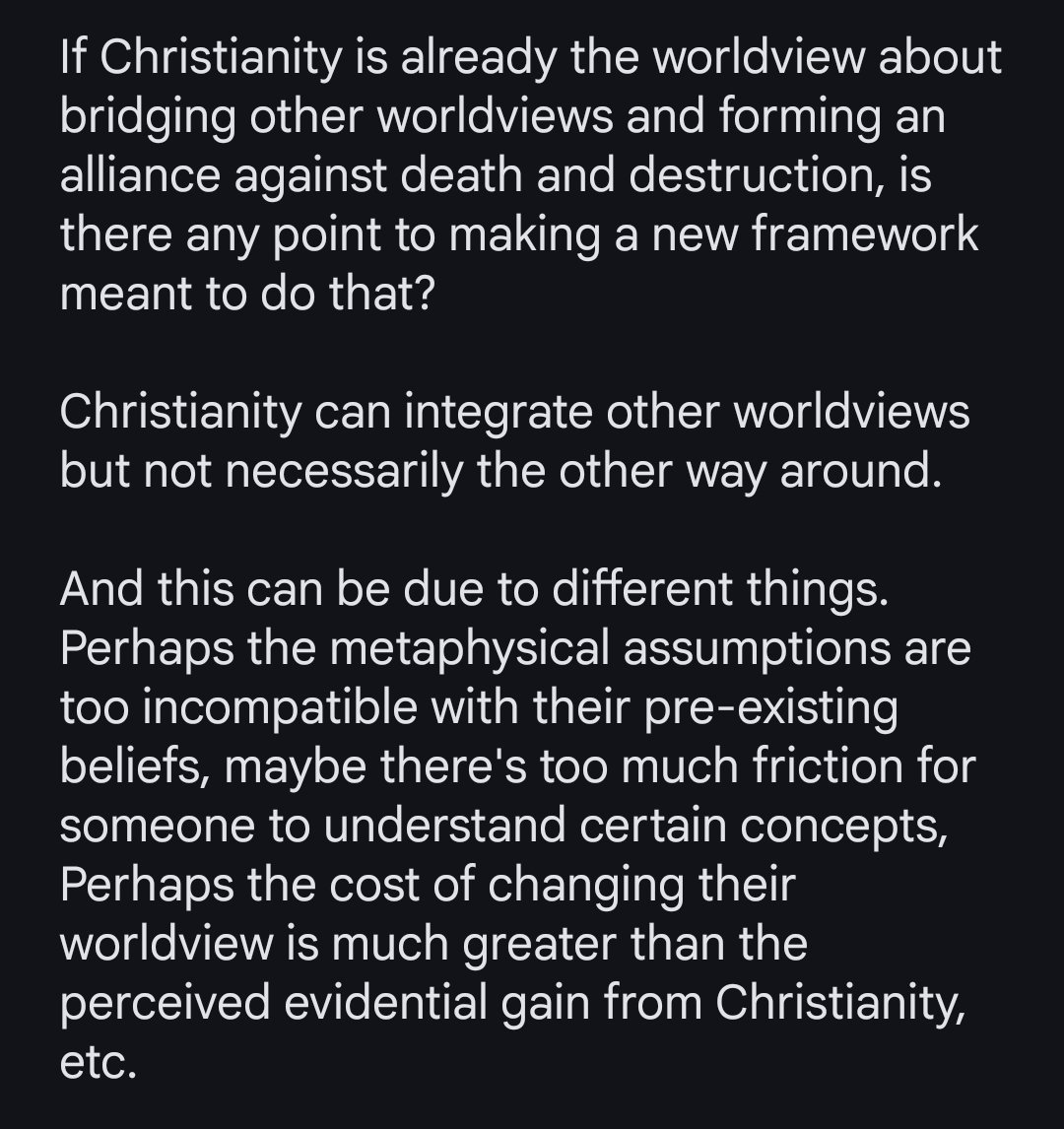athena_notes's tweet photo. @taijitu_sees @sunriseoath Back again. Hello. So this is what I wanted to ask you both about. 

"If Christianity is already the worldview about bridging other worldviews and forming an alliance against death and destruction, is there any point to making a new framework meant to do that?" https://t.co/Njlup7vYEn