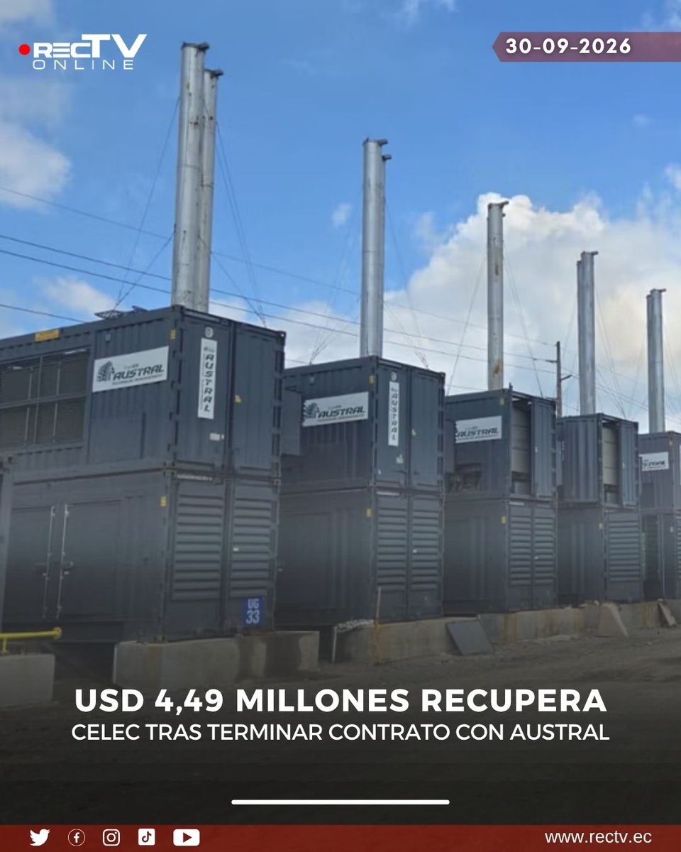 RecTVonline's tweet photo. #RecTv | La Corporación Eléctrica del Ecuador (CELEC EP) recibió USD 4.496.539,35 correspondientes a la garantía del contrato suscrito con Austral Technical Management (ATM) para la adquisición e instalación de generadores termoeléctricos en Esmeraldas. https://t.co/WUUJiOOCvM