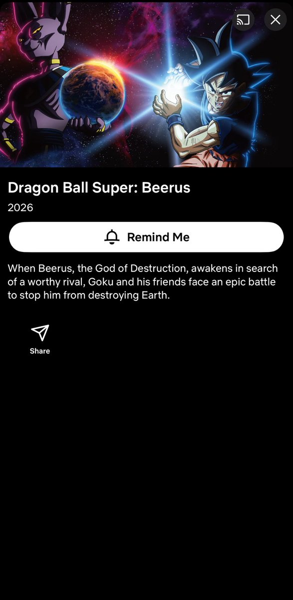 DBSuperUniverse's tweet photo. Dragon Ball Super: Beerus is now on @Netflix for an option to be reminded for its release in the United States , check your region now !! https://t.co/Sl9bFgj7Mj