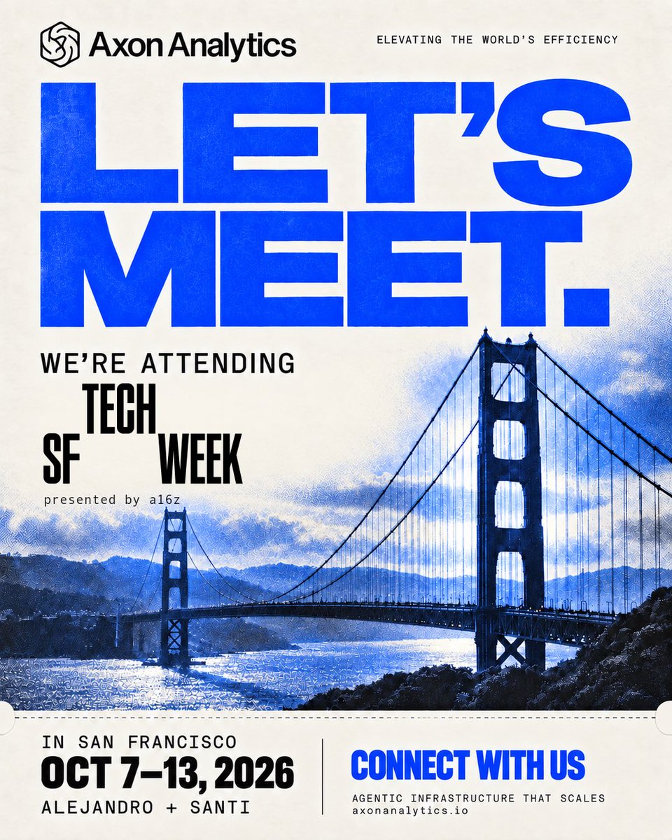 Alegharzouzi's tweet photo. San Francisco, we’re coming.
Santi and I will be at a16z Tech Week October 7–13. At Axon Analytics, we’re building agentic infrastructure that scales and AI agents for enterprises.
If you’re building in AI, let’s connect.
#SFTechWeek #AgenticAI #AxonAnalytics https://t.co/s4UkFURC9t