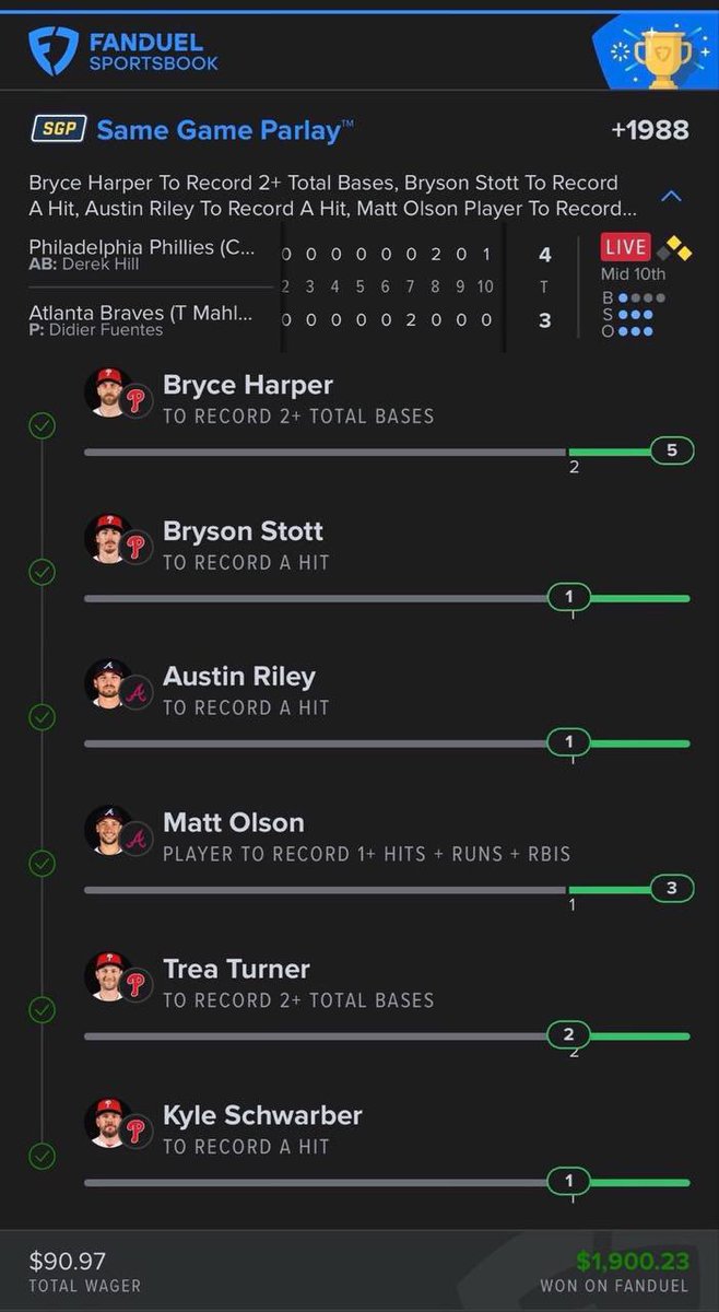 TheBetsGuy's tweet photo. 🔥 LFG! BAAAAANG‼️ 🤩🤩🤩🤩🤩

THAT’S HOW WE START. 💰😮‍💨
LET’S KEEP CASHING.

@Playbook #fanduel #SportsPicks #BettingX https://t.co/nV7RWF2ntC