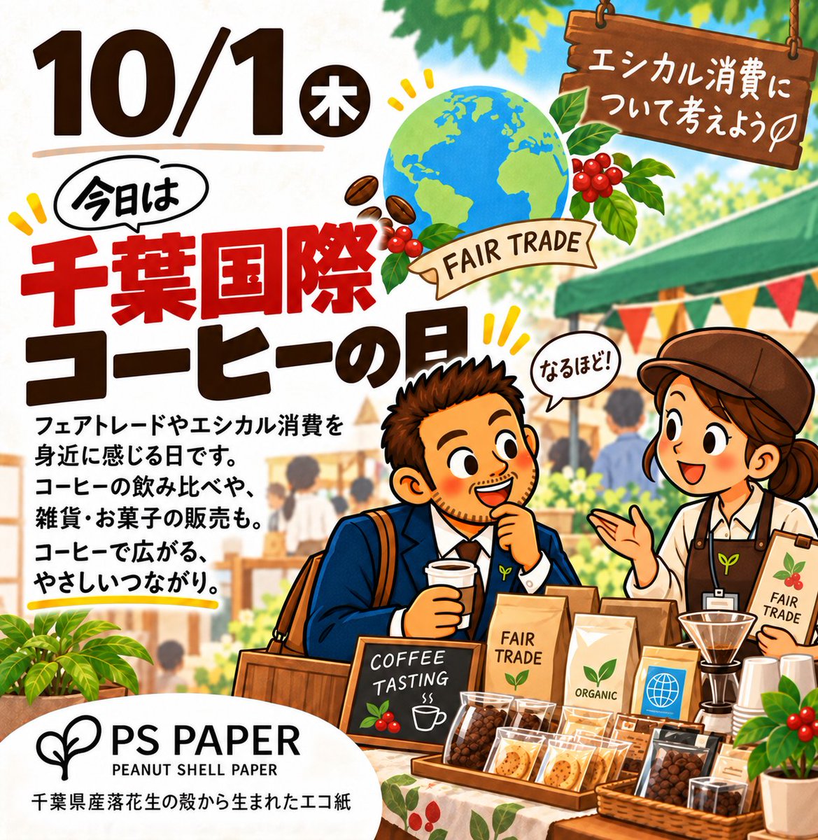 ps_paper_lab's tweet photo. 10/1(木) おはようございます！

今日は「国際コーヒーの日」☕
千葉市役所で、フェアトレードやエシカル消費を身近に感じられるイベントが開催されます！
コーヒーの飲み比べや雑貨・お菓子の販売に加えて、
PSペーパーの展示・販売も行います。

お近くの方はぜひ千葉市役所へ！
今日も良い一日を✨ https://t.co/aOZiO2VFCP