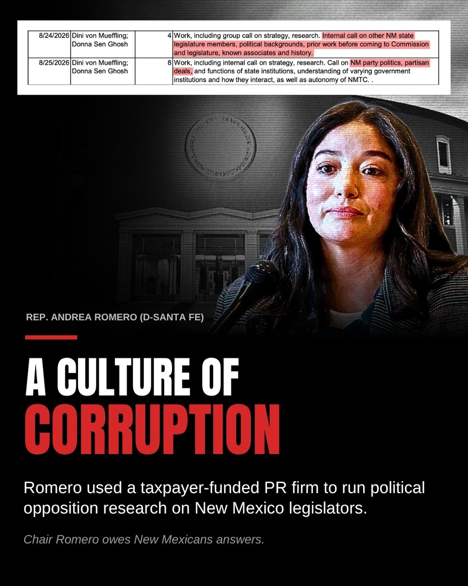 NMHouseGOP's tweet photo. Epstein Truth Commission Chair Andrea Romero used taxpayer dollars to pay a PR firm for political opposition research on New Mexico legislators and the Attorney General. The Commission's Republican members were kept completely in the dark.
This is not an isolated mistake. It's a pattern. Romero held a job the Attorney General found violated state law, used the Commission's PR firm to defend herself, faces pay-to-play accusations over $100,000 she steered to the office that hired her and deleted Deb Haaland’s name out of the Commission’s report.
This is the culture of corruption in Santa Fe: public money used as a political weapon, and Democratic leadership unwilling to hold their own accountable.
The victims of Jeffrey Epstein and New Mexico taxpayers deserve better than this. Chair Romero must explain these invoices, release the work product and tell New Mexicans who directed this research.
#NewMexico #nmpol