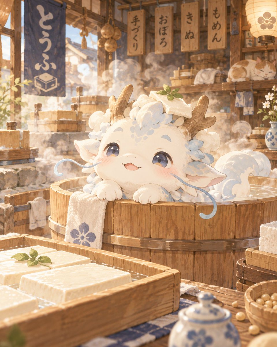 XjasmineY's tweet photo. 今日は豆腐の日🍚
ふわふわやわらかなドラゴンです！

「おはよ～、あ、お豆腐ちょーだい？」
いつの間にか店に居ついた、ドラゴンらしき生き物。
勝手に桶に入るわ、豆腐を食べようとするわで困ったヤツだ。
しかもめちゃくちゃ可愛いときた。
本当に、困ったヤツだな！
#創作ドラゴン #AIイラスト https://t.co/VJ1KCCMAmr