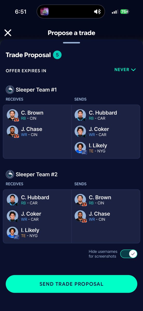 MoneyThad's tweet photo. @rotobuzzguy I can’t figure out the discord.  Am an all pro subscriber.  Was thinking of this trade…I’ve got Sadiq and Mandrews so I won’t miss Likely.  Also I have Burrow.  Am I crazy?  I’d be getting Chase Brown in this one. https://t.co/jYXPZpg2PB