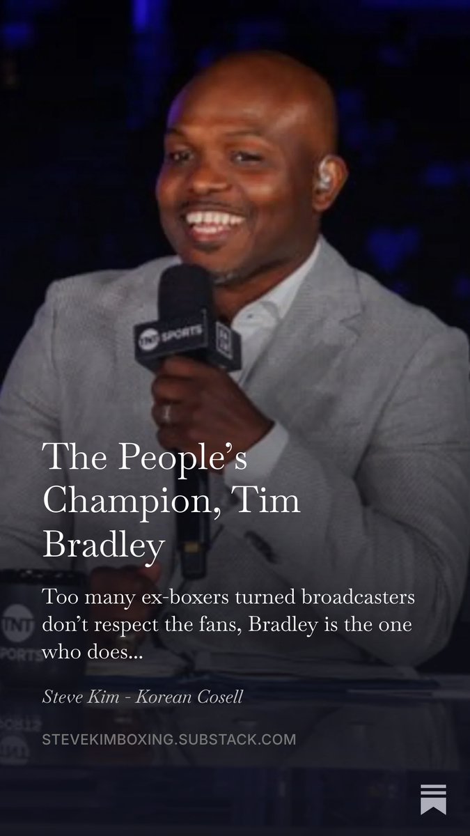 SteveKim323's tweet photo. Tim Bradley is a boxer-turned-broadcaster who actually looks out for the fans -- not the fighters . That alone makes him a standout. My latest column. You can subscribe at https://t.co/4JCKyKZEzW #boxing 

The People’s Champion, Tim Bradley https://t.co/qe2r4qGve1 https://t.co/F9KICbJWjb