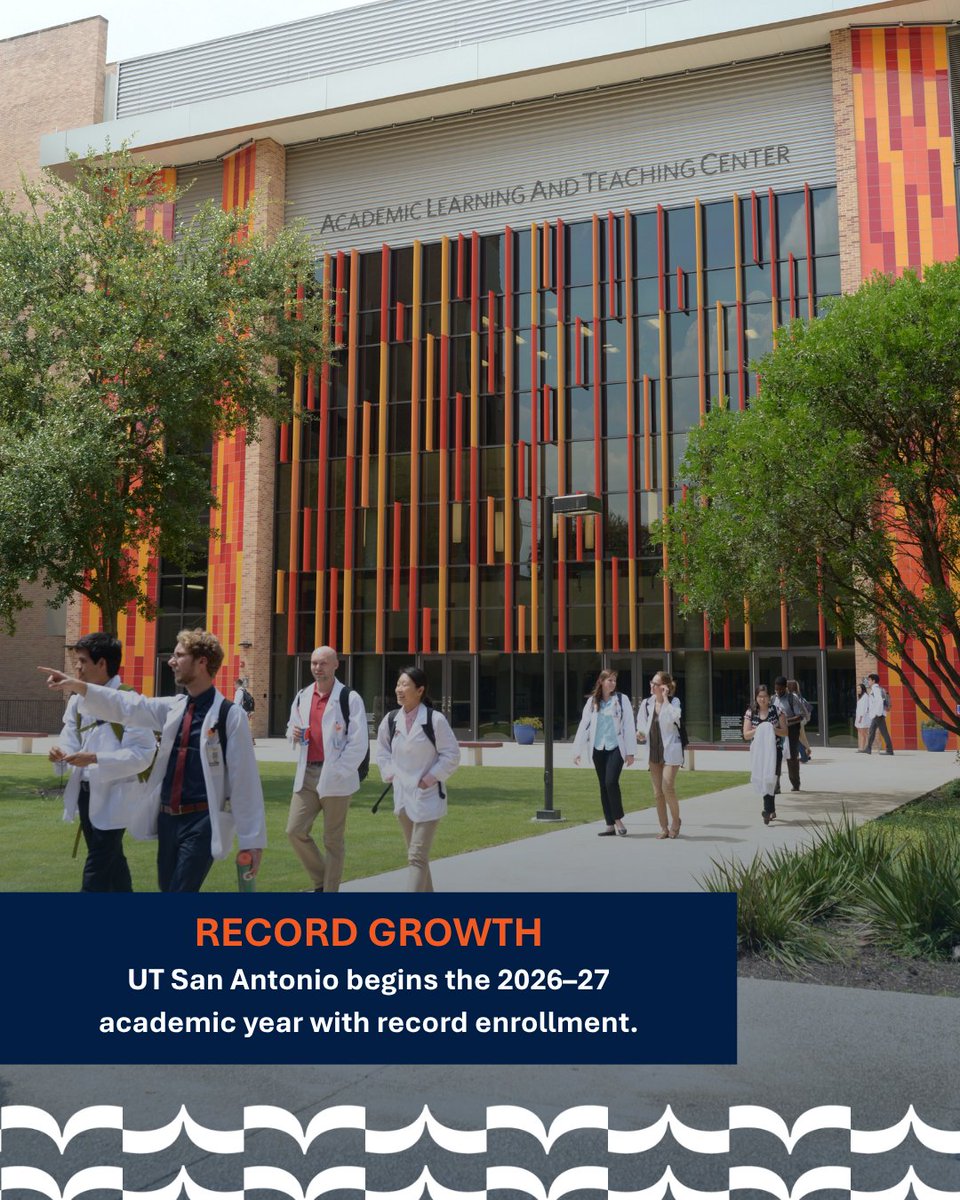UTHealthSA's tweet photo. The Roadrunner Effect: UT San Antonio, @UTHealthSA boasts another record year for student enrollment: https://t.co/0eV3upNZ0x https://t.co/KtklfYMiYt