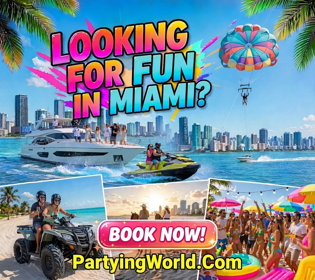 PartyingWorld's tweet photo. LOOKING FOR FUN IN MIAMI? We got you! From boat parties to jet skis, parasailing, ATVs &amp; nightclubs — Partying World is your one-stop shop for the ultimate Miami experience.

BOOK NOW! TAP LINK IN BIO https://t.co/aaFKzSqqOB