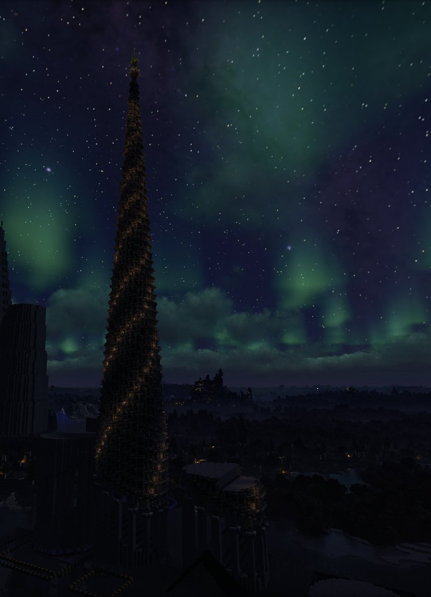 AsInLifeInDeath's tweet photo. The spire is finished. Is it called a spire? Either way the pointy end is detailed!
looks pretty good at night....

You can see behind that I also started mapping out how big this tower will be, thus giving me an idea of how big the whole cathedral will be. https://t.co/JAf0EKwqij