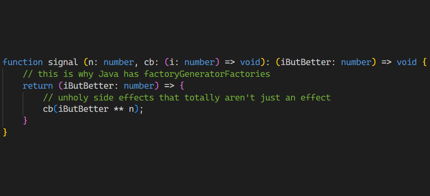 shamash31's tweet photo. @TrisH0x2A IDK fam, I think that's just a FUBAR function regardless of what language you write it in. Here's TS for comparison https://t.co/V1nwslzetT
