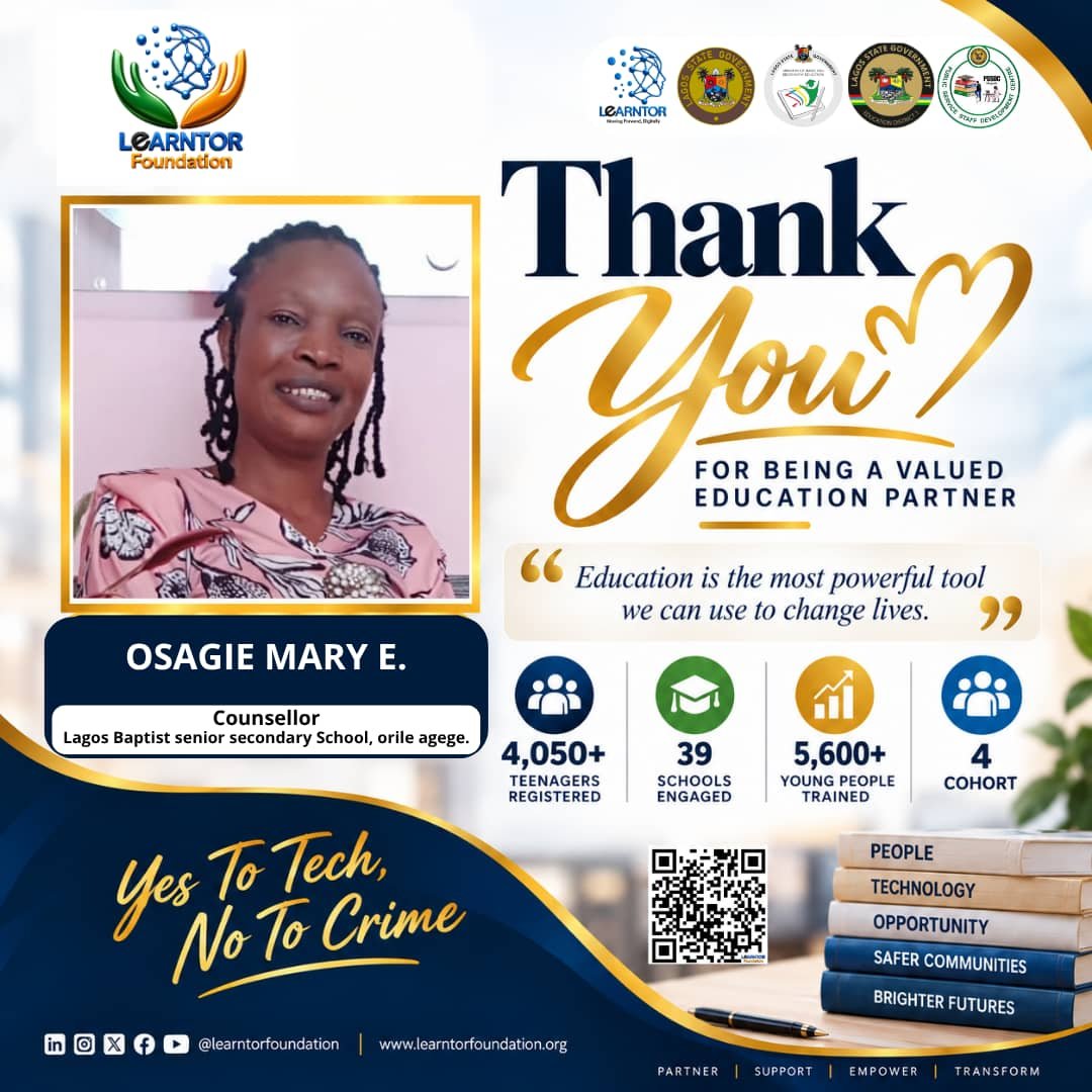 Learntorfoundan's tweet photo. 👩🏾‍🏫💙 Celebrating our amazing teachers!

Thank you Mrs Osagie Mary for giving us the privilege to speak with your boys, share knowledge, inspire them, and plant seeds for their future.

We appreciate your trust, support, and partnership in empowering the next generation.

YES to Tech, NO to Crime! 💻🚫

#TechUpBoys #TeacherAppreciation #YouthEmpowerment