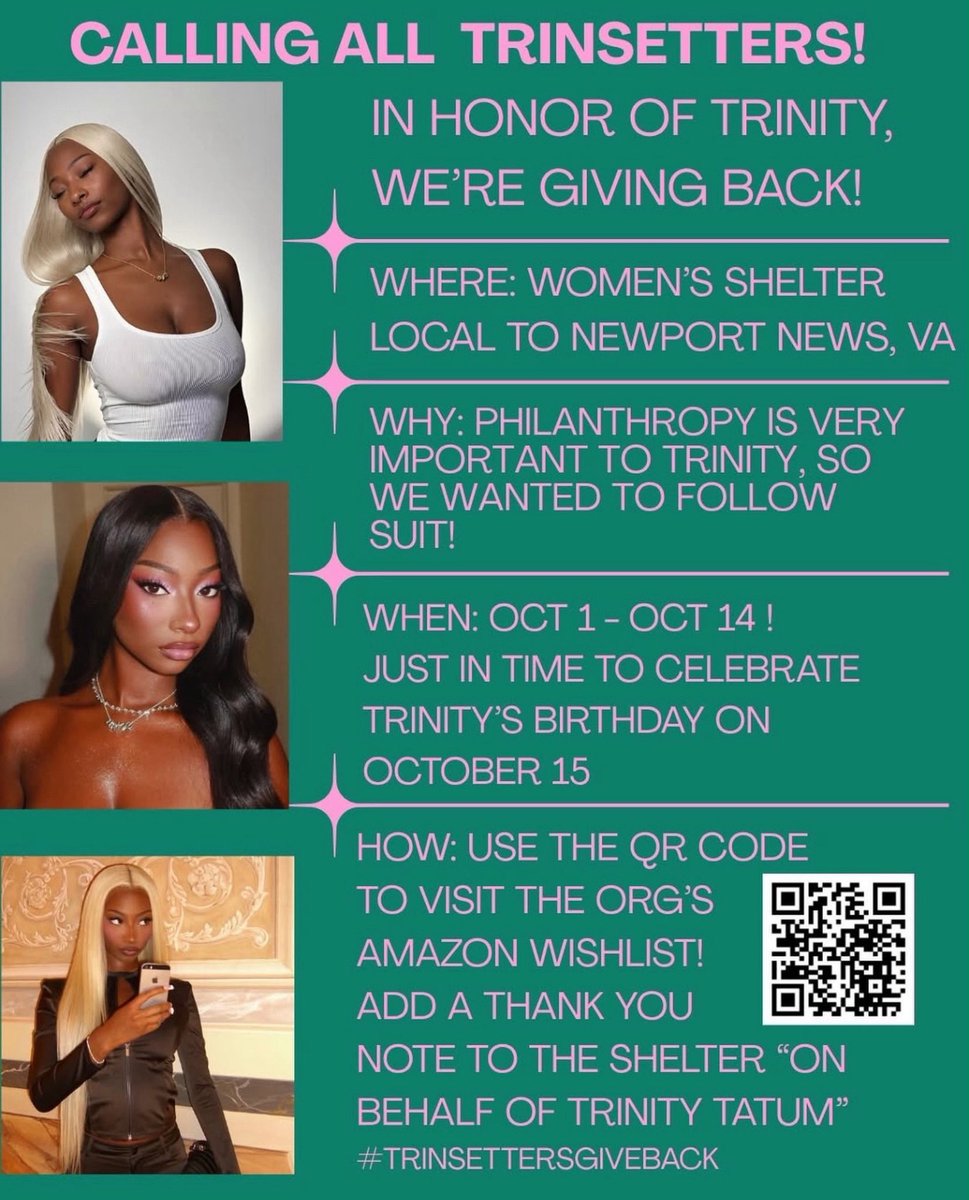 brinitybase's tweet photo. Trinsetters Give Back! In honor of Trinity’s 23rd birthday, we’re supporting a women’s shelter local to her hometown! 🫶🏽 Help us sell out the shelter’s Amazon wishlist by October 14th and give back to her community in her honor. Link below!
Link 🔗: https://t.co/dokJd8EIqW https://t.co/j6JBZyMpyF