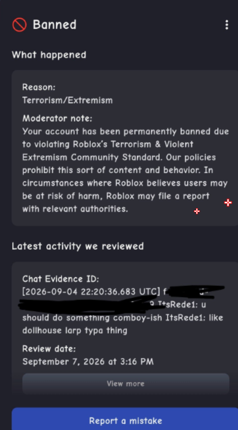 GoatofrivaIs's tweet photo. Still termed, no clue why they suddenly made words like that result in a term, even though it was allowed for years. no past ban history in the past year yet im suddenly termed for one sentence i said. 
@RobloxCreators @Roblox @Roblox_RTC @KreekCraft  Please help if you can!<3 https://t.co/0mp3IMCIbD