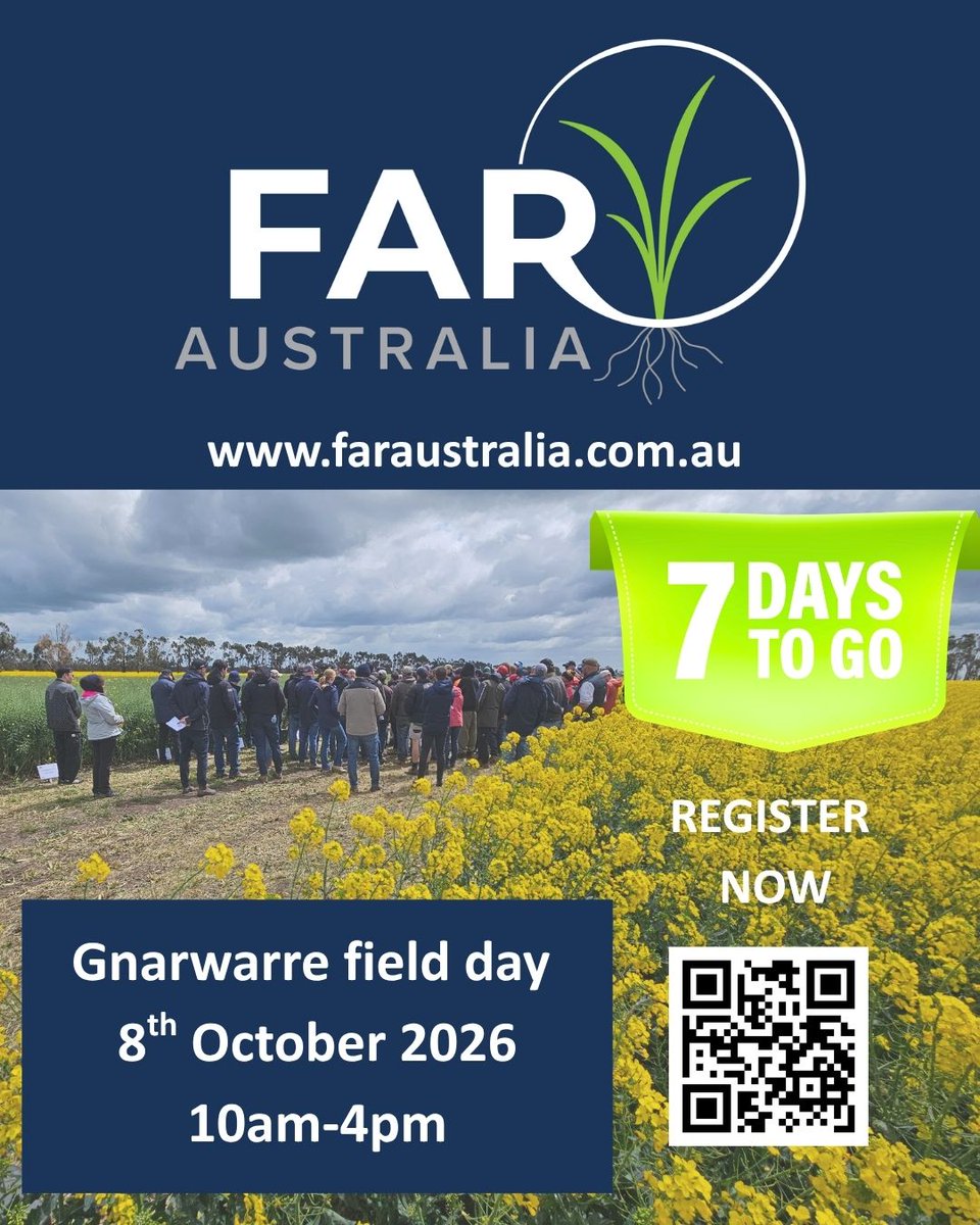 far_australia's tweet photo. Only 1 week to go!
Join us for a day of practical insights and great conversations. Our Gnarwarre crop technology centre is a great opportunity to explore crop phenology, disease management, nutrition and the latest learnings from FAR's Germplasm Evaluation Network.
#AgResearch https://t.co/JbyCbjfbqq