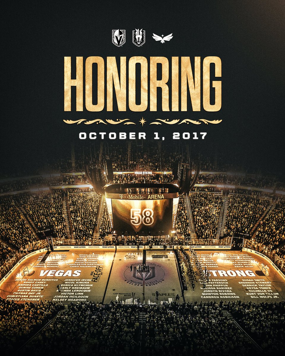 GoldenKnights's tweet photo. Nine years ago, Vegas changed forever. The 58 people we lost will forever remain in our hearts. We will always remember them, honor the survivors &amp; hold heartfelt gratitude for the first responders who continue to protect our community. 💛

We will always be #VegasStrong. https://t.co/xmLGgyGXns
