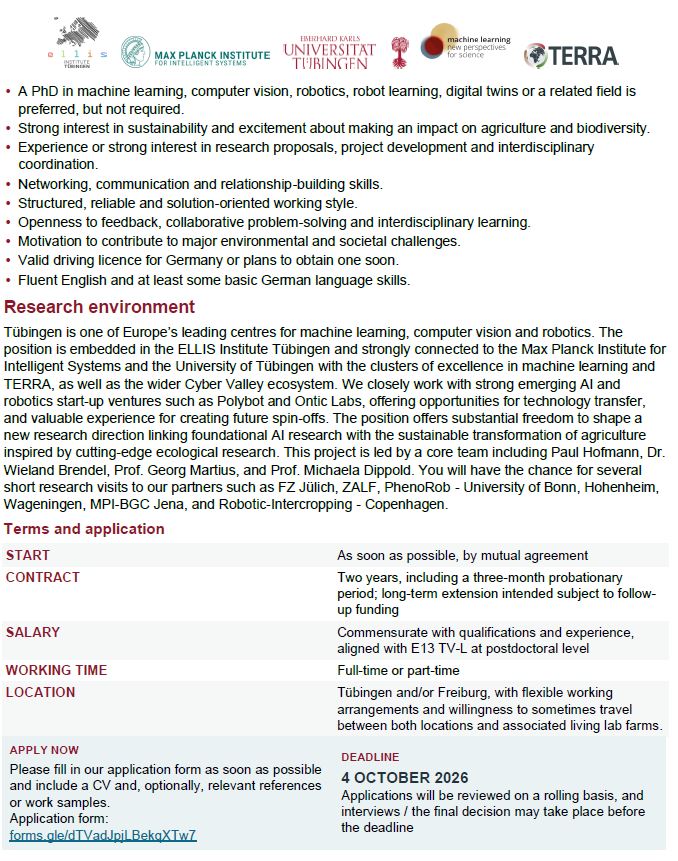 MichaelaDippold's tweet photo. 📢 #JobOffer for #PostDoc in #Robotics &amp; #AI: If your skills in machine learning (#ML) shall contribute to #biodiverse, #resilient &amp; #sustainable #agroecosystems:
Apply now: https://t.co/YZhon3SxNd

@uni_tue, @UniFreiburg, @ml4science; #TERRA Cluster of Excellence; #FutureForests https://t.co/MIDX77n3BC