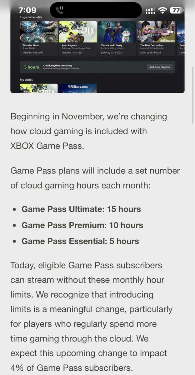 MAQuinonez23's tweet photo. @XBOXGamePass This is absolute horseshit. You raise the price of Game Pass, then turn around and cap the number of cloud gaming hours we can actually use each month? Paying more for less isn’t an “update” — it’s just squeezing customers twice. @Microsoft, what are we doing here? https://t.co/4QtpGZ6w1M