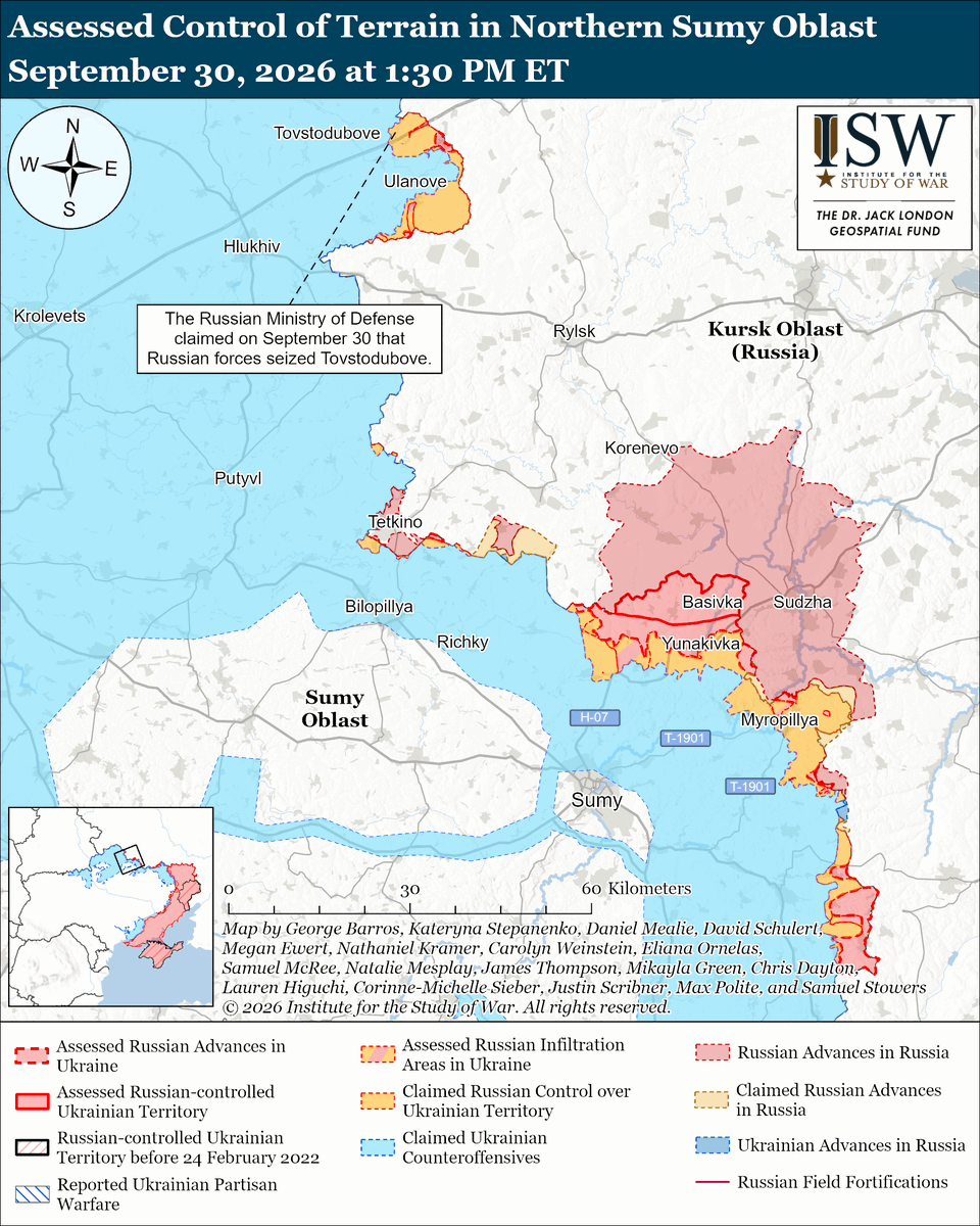 TheStudyofWar's tweet photo. NEW: Russia conducted a massive combined drone and missile strike against Ukraine on the night of September 29 to 30, primarily targeting energy infrastructure in Kyiv City and marking the beginning of Russia’s strike campaign aimed at degrading Ukraine’s energy security ahead of Winter 2026-2027 and forcing Ukraine to capitulate.

Russia notably began its Winter 2026-2027 strike campaign against Ukrainian infrastructure ahead of Ukraine’s heating season, as Russian President Vladimir Putin likely recently adopted a modified theory of victory that relies on Russia’s long-range strike campaign to force Ukraine to surrender over Winter 2026-2027.

Other Key Takeaways: 

A likely Russian drone violated Moldovan airspace and crashed near Hirbovat, Anenii Noi, on the morning of September 30.

The Kremlin is signaling its intention to use the seizure of assets belonging to European companies operating in Russia and to hold such companies’ assets hostage in order to coerce European states into reconsidering their sanctions policies against Russia.

Ukrainian forces recently advanced north of Sumy City. 

Russian forces launched an unspecified number of Zircon or Onyx anti-ship cruise missiles, an unspecified number of Iskander-M or S-400 ballistic missiles, and 188 drones against Ukraine overnight on September 29 to 30, and 285 drones during the day, an unspecified number of ballistic missiles, and several Banderol or Dan-T loitering munitions during the day on September 30.