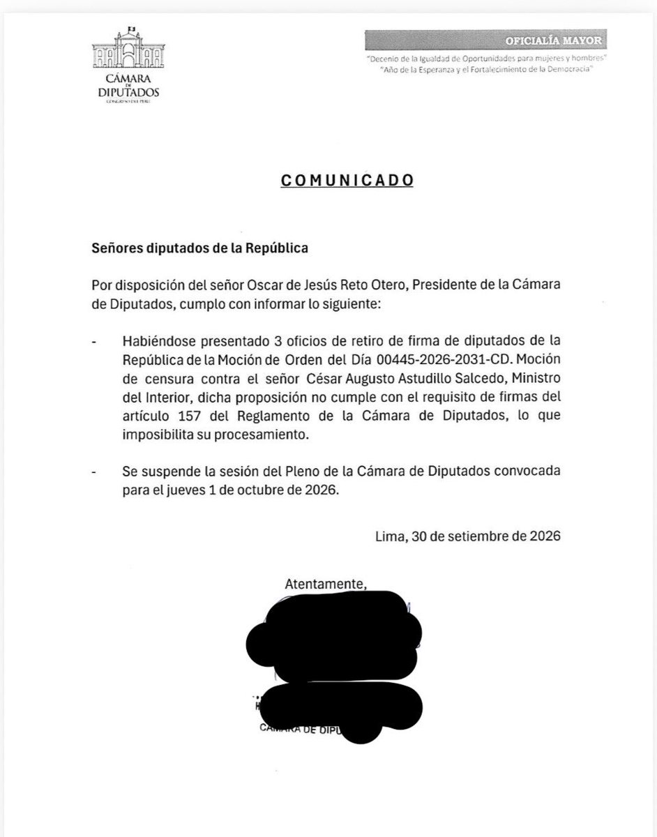 queloides's tweet photo. 🚨 Último: Se cae la censura contra el ministro César Astudillo tras el retiro de 3 firmas. Se suspende el Pleno de mañana en la Cámara de Diputados. 👇
.
.
.
#MININTER
#Inseguridad
#fuerzapopular
#Juntosporelperu https://t.co/Lra5pJJ9N0