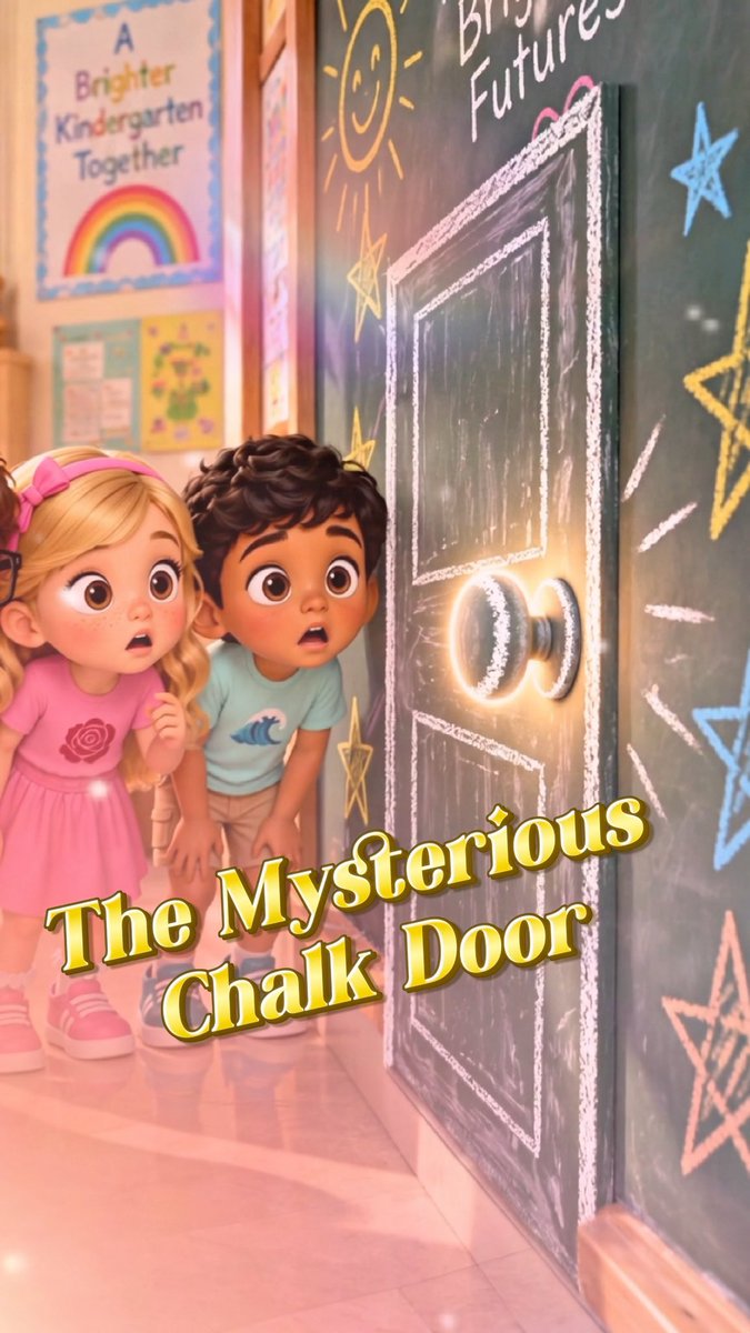 A colorful 3D animated illustration titled 'The Mysterious Chalk Door,' showing two cartoon children looking surprised at a glowing chalk-drawn door on a blackboard.