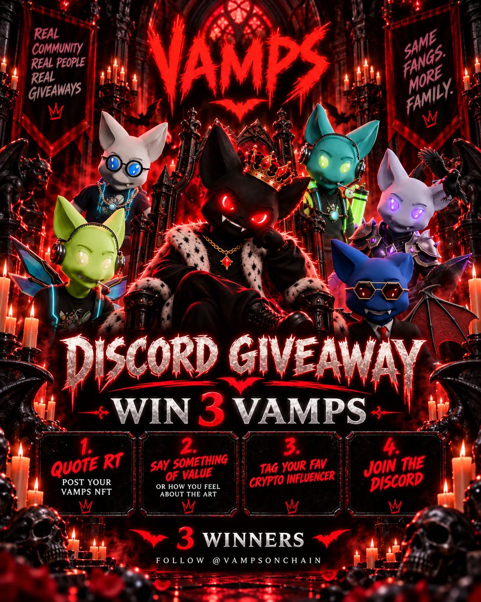 vampsonchain's tweet photo. YOUR VAMP DESERVES THE SPOTLIGHT. 🦇🩸

I'm giving away 3 VAMPS to 3 winners!
To enter:
1. Quote repost this post with your VAMPS NFT.
2. Share something of value or your honest thoughts on the art.
3. Tag your favorite crypto influencer.
4. Join the Discord: https://t.co/HLzacv1Ybk

Make sure you’re following @VampsOnChain. Bring your stories, your creativity, and YOUR VAMP.
Same fangs. More family. 🦇
#VAMPLIFE #VAMPISH