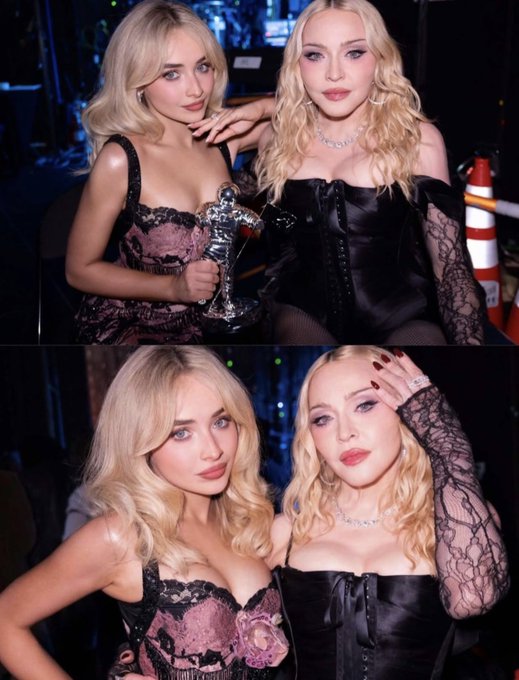 Two photos of two blonde women at an event, with the top image showing one holding a Grammy-style trophy while both pose together in dark dresses.