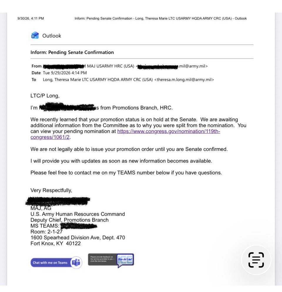 LTCTheresaLong's tweet photo. ARE YOU TRYING TO INTIMIDATE ME FROM CONDUCTING MY INVESTIGATION/INQUIRY?

Why is a member or members of the Senate Armed Services Committee blocking my promotion to Colonel?

Is this whistleblower reprisal by US Senator(s) against a US Army officer for making protected communications regarding the health and safety of our servicemembers?

Is there any connection to the death threats, harassment, etc. I have endured?

Is this weaponization and abuse of their position on behalf of pharmaceutical companies, of which they may have conflicts of interest? 

Do the American people whose sons and daughters came to serve in the military have a right to know my findings without Senators trying to intimidate and punish me for conducting a Secretary of HHS directed investigation? 

I came out as a whistleblower to protect our servicemembers from the UNLAWFUL vaccine mandate.  In April 2025, Secretary Robert F. Kennedy Jr. and SECWAR Pete Hegseth appointed me as the investigation/inquiry officer to look into our health surveillance system to include vaccine adverse events reports submitted on over 55,000 , including 2,544 deaths, of individuals identified as servicemembers.  

@realDonaldTrump 
@SecKennedy 
@SecWar 
@infantrydort 
@samosaur 
@TuckerCarlson 
@GenFlynn 
@annvandersteel 
@SenBlumenthal 
@RogerWicker 
@SenRonJohnson 
@SenRandPaul 
@SenJackReed 
@SenatorFischer 
@SenTomCotton 
@SenatorRounds 
@joniernst 
@DanSullivan_AK 
@SenKevinCramer 
@SenateRickscott 
@Tubertracker 
@SenTedBuddNC 
@SenEricSchmitt 
@SenatorBanks 
@TimSheehyMT 
@SenAshleyMoody 
@JeanneShaheen 
@gillibrandny 
@SenRichardBlum 
@SenMazieHirono 
@SenTimKaine 
@SenAngusKing 
@SenatorWar20568 
@SenGaryPeters 
@SenDuckworth 
@SenJackyRosen 
@SenMarkKelly 
@SenatorSlotkin
