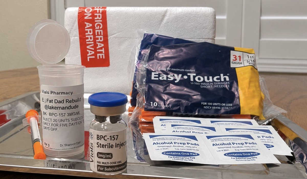 lakemandude's tweet photo. Zero “research” happening here. Straight up injecting prescribed BPC-157.

No prayer before the pin. No reading through COAs. No crypto payments. No reconstituting. No “trust me bro.” No guessing on doses.

Is it better than “Research Use Only” products? I mean…

There was a lab rat being injected with RUO BPC and he wasn’t healing as fast as I am now. I checked. 🔬

Ripped my shoulder over a month ago, had that tingly electric feeling. Couldn’t toss my kids in the air or do my hair without pain. The gym? Uff... but hear me out... THIS. BPC. Is. BPCing HARD… it’s happening very fast too.

About $140 shipped (cooler, syringes, pads) with the right discount code. Rivals some of the US lyophilized vials. 🤔

For a guy carrying a lot of figurative weight on my shoulders, this feels like a nice treat, after all the burden has been heavy. You know when you go to the grocery store for a steak, you planned on a choice cut but then look over at the Prime grade ribeye and think, “you know what, I’m going to live it up today.”

@beyondwhoosh you did drop the ball on the cool branding and labels. But I get it… this is prescription, not some ostentatious RUO vial.

N=1. Just some fat dad with a ripped shoulder rebuilding his health.  I post these as I go along.