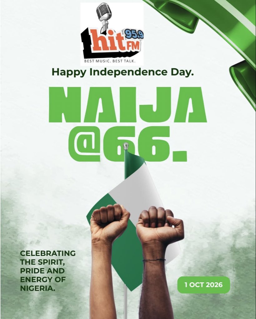 HitFMCalabar's tweet photo. Happy Independence Day, Nigeria!

Today, we celebrate the spirit, strength, pride, and resilience that make Nigeria home. May our nation continue to grow, prosper, and shine. 🇳🇬✨

Happy 66th Independence Day from all of us at HitFM!

#HappyIndependenceDay #NigeriaAt66 https://t.co/h7HIHgq74o