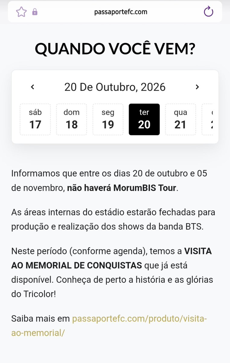 BTSxBRAZIL's tweet photo. Acho que sem querer descobri quando que, provavelmente, o palco da #BTS_WORLDTOUR_ARIRANG vai começar a ser montado no MorumBIS... 😳

— Ao clicar para agendar a visita no dia 19/10 aparece uma mensagem que a partir do dia 18/10 o gramado será retirado para "reforma" (o MorumBIS não está em reforma — até precisaria)

— Ao tentar agendar uma visita guiada ao estádio do período do dia 20/10 ao dia 04/11, é informado que não terá a visita ao estádio.