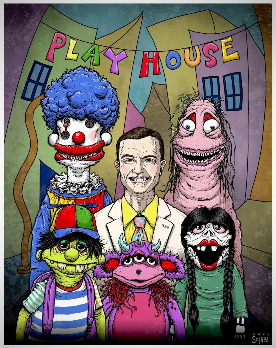 codyschibi's tweet photo. I illustrated a cute poster for one of my fav films I saw at @fantasticfest: PLAY HOUSE. This is a rad horror thriller directed by Nic Curcio featuring awesome puppets by Jackie Smook. Keep an eye out for this one, folks…Mr. Morton has a lot of life lessons to teach you!🤘💚 https://t.co/lbn4gpo4bm