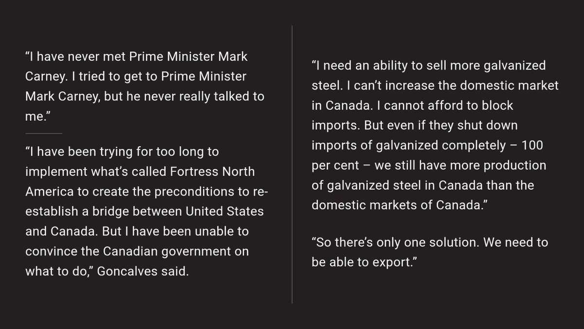 KirkLubimov's tweet photo. Stelco CEO Lourenco Goncalves sets the record straight:

> Has tried desperately to help the Canadian government re-establish a bridge with the US and build Fortress North America just to be ignored.
> The market in Canada is too small for galvanized steel, the production is greater than the Canadian market even without imports. They need exports.
> Tried to reach Mark Carney just to be ignored.

Breakdown: Stelco CEO went out of his way to try to help the government and navigate the sector just to be ingnored, then the governments tried to load his company with debt just so they won't have a negative headline of layoffs.