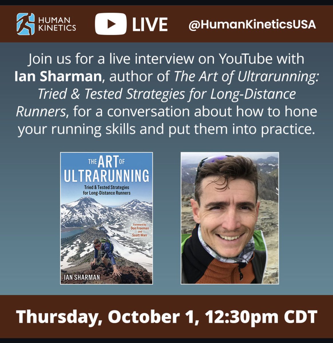 sharmanian's tweet photo. Join me on Thurs at 12:30pm CDT on the Human Kinetics YouTube channel for a live discussion about “The Art of Ultrarunning” book. https://t.co/mO9CqEDqRo