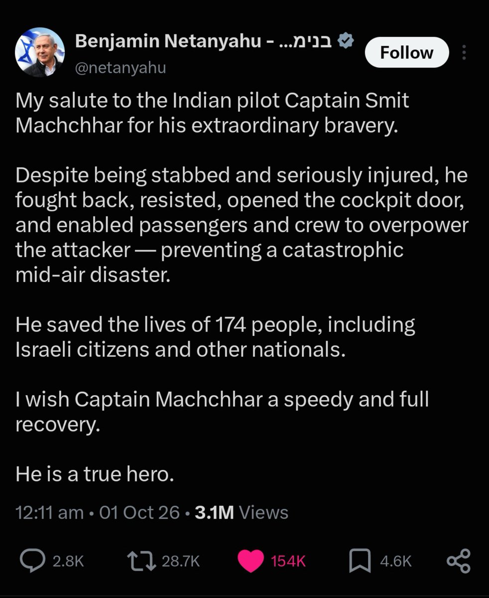 garvit_sethii's tweet photo. The entire world is talking about the Indian pilot Smit Machchhar who saved the plane from co pilot (terrorist), including heads of states, yet our MEA, Jaishankar and Modi haven't even bothered to tweet about him. 🤡

At least take this opportunity to improve India's global image. Even when India is finally getting some positive PR, our babu mantri are sleeping like fools!