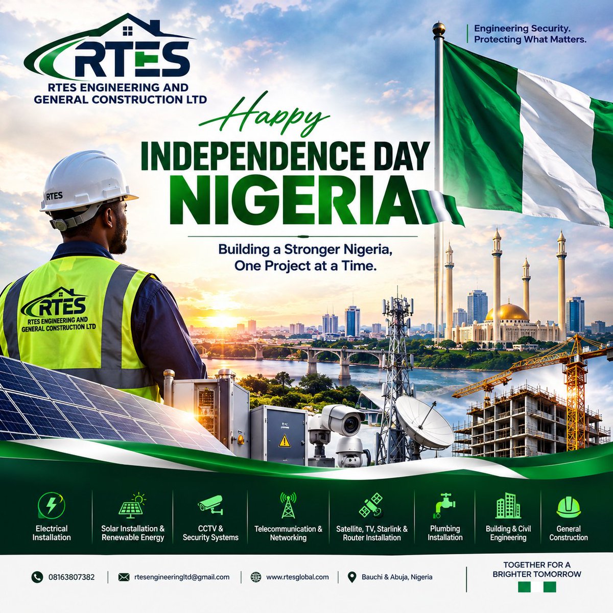 rtesglobal's tweet photo. 🇳🇬Happy Independence Day, Nigeria!

A stronger Nigeria is built through reliable power, renewable energy, secure infrastructure, connectivity and quality construction.

At RTES, we are committed to contributing through engineering solutions that work and infrastructure that lasts https://t.co/gohONczS2V