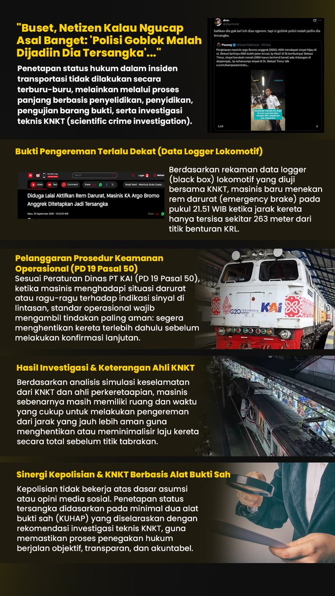 pilarkeamanan's tweet photo. Penetapan tersangka masinis KA Argo Bromo Anggrek didasarkan bukti sah dan data logger KNKT. Masinis terbukti lambat mengerem emergency dan melanggar Peraturan Dinas PT KAI saat sinyal merah.
#Masinis #KeretaApi #BekasiTimur #Polri https://t.co/Nbv6cZw9YJ