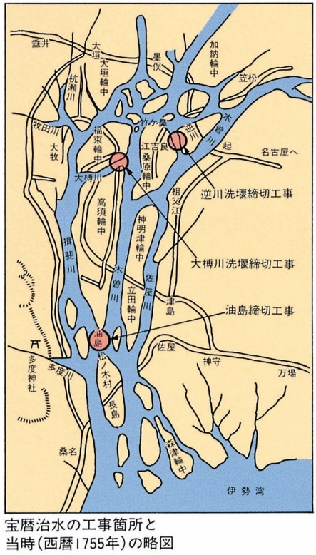 JAEEGAKKAI's tweet photo. 140字解説・地震工学707　宝暦治水
合流して氾濫を繰返す木曽系河川を分離し整流化する1754年からの大工事。延長112kmの堤防整備とともに河川を止める「締切工事」は困難を極め薩摩藩などの普請(協力)も得ました。今日の「木曽三川」の原型を築きました
https://t.co/sXg4eOOww6 https://t.co/duhzAJ0HG5