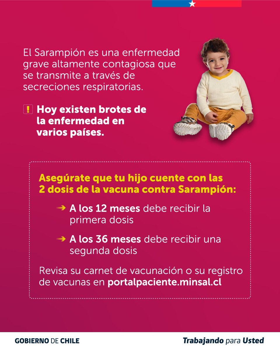 Salud_Responde's tweet photo. #ChileContraElSARAMPIÓN
💉Tu hijo/a tiene las 2 dosis de vacuna contra el Sarampión?
Se aplican a los 12 y a los 36 meses.
📆Si tienes dudas o no lo recuerdas puedes ingresar a https://t.co/1rqo4hTcfI
📞 600 360 7777
🌐 https://t.co/KaWaAta7mL https://t.co/4EcIveugTu