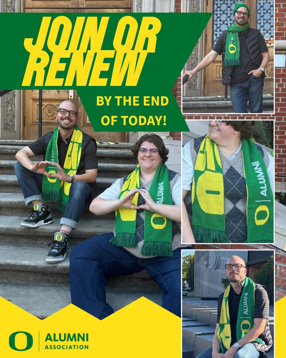 UOAlumni's tweet photo. Today is the ๐LAST DAY๐ to receive an exclusive UOAA x 150th Anniversary scarf when you join or renew your membership with the UO Alumni Association!
You have until midnight tonight, so don't wait; join the flock now!
https://t.co/4V7yluJLfR
#UOAlumni #GoDucks https://t.co/jeDTTxBACJ
