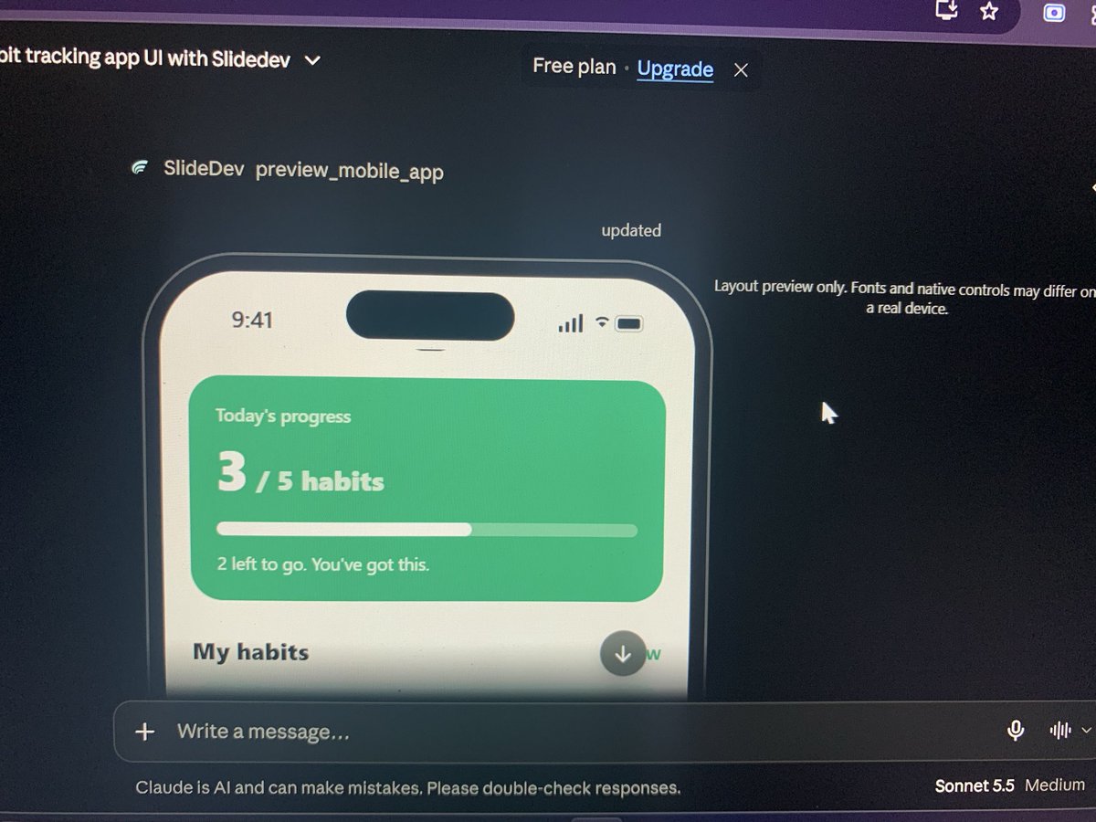 JeffersonNeilS1's tweet photo. Someone is actually using SlideDev MCP to build mobile apps inside Claude chat👀

Claude generates the UI → SlideDev MCP previews it → Claude iterates.

This is honestly interesting .

https://t.co/OgCqVhQdfp

#claude #claudeai #ai #mcp #aiagent #astra #chatgpt https://t.co/zyVao21bwt