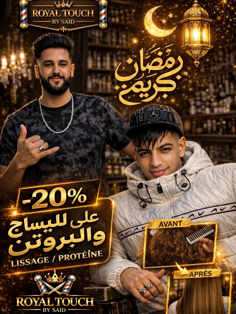 robertome0bmin's tweet photo. 🌙 رمضان كريم من Royal Touch By Said
استافد من عرض خاص بمناسبة الشهر الفضيل ✨
🔥 -20% على الليساج والبروتين
باش تبقى ديما بإطلالة ملكية 👑
📍 Ouled Teima
📞 0671502546
مرحبا بكم ❤️ https://t.co/PngR2bouwa