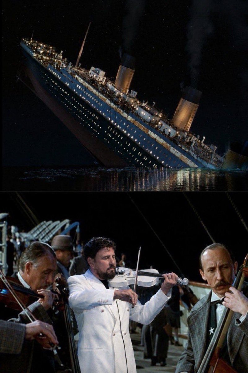 Martin_Sedi's tweet photo. Islamic Regime Sinking! 

The Islamic terrorist regime’s situation now is like the last minutes of the Titanic sinking, 
while their militias roam the streets with machine guns and masks.

They invited a retarded violinist from the U.S. to play for them.

We will see regime change and the return of King Reza Pahlavi soon.

#EndOfIRGC
#KingRezaPahlavi