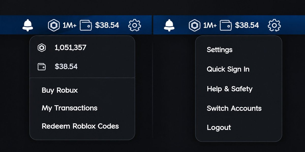 RBLXDaily_'s tweet photo. The robux and settings menu have been revamped. New on the left, old on the right.

Source, once again: @RoUtilityNews 
#roblox #robloxdev https://t.co/44GIrN40qx