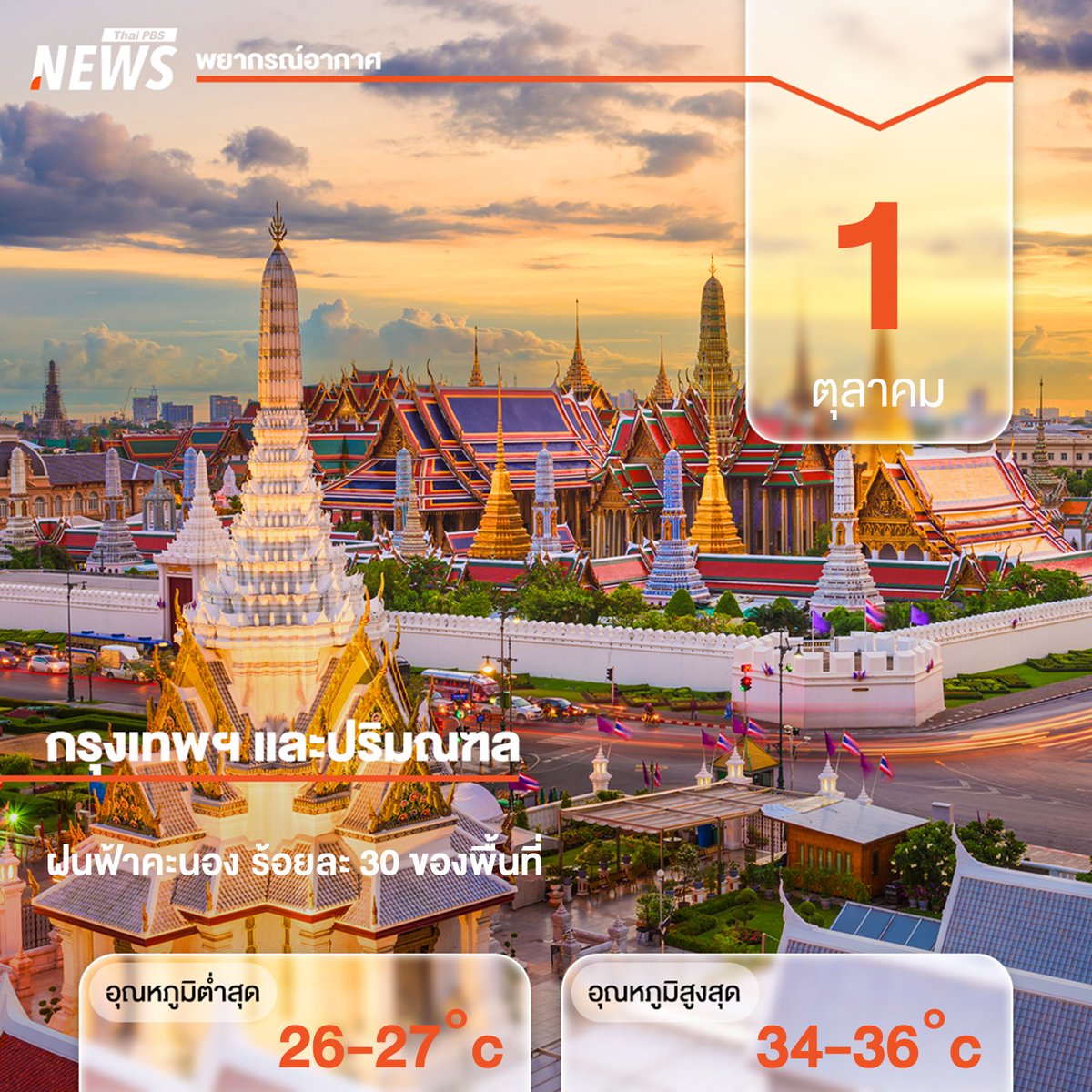 ThaiPBSNews's tweet photo. พยากรณ์อากาศ ประจำวันที่ 1 ต.ค.2569 #กรุงเทพและปริมณฑล ฝนฟ้าคะนอง ร้อยละ 30 ของพื้นที่ #กรมอุตุนิยมวิทยา #พยากรณ์อากาศ #ฝนตก #ฤดูฝน #อากาศวันนี้ #สภาพอากาศ #เช็คสภาพอากาศ #ข่าวไทยพีบีเอส #ข่าวที่คุณวางใจ #ThaiPBSnews https://t.co/8FjGkgy690