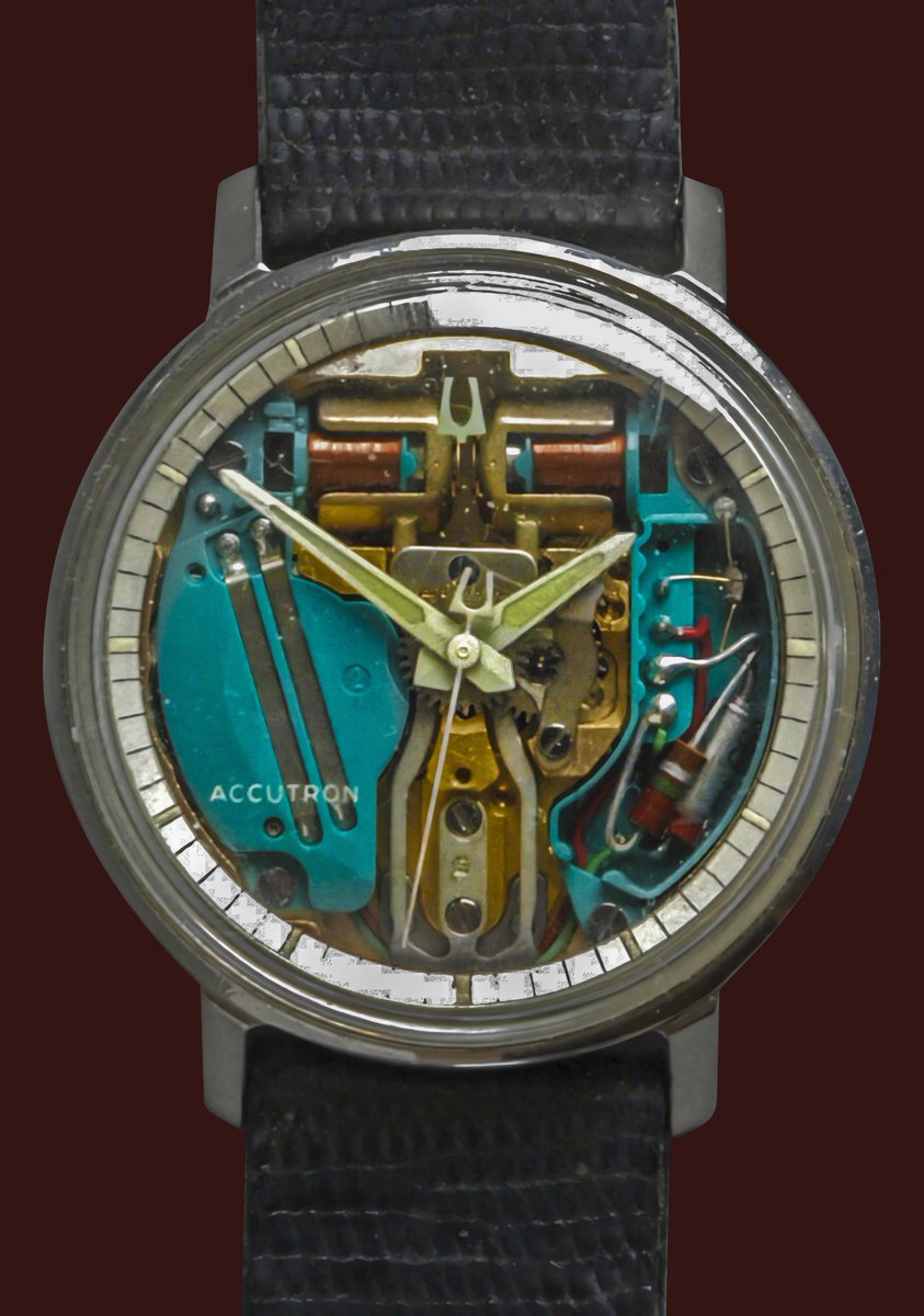 InsideAWatch's tweet photo. This watch doesn't tick, it hums. The 1960 Bulova Accutron Spaceview ditched the balance wheel for a tuning fork vibrating 360 times a second. You can hear it if you hold it to your ear. Photo: Tmtriumph via Wikimedia Commons https://t.co/Ld9XlP9CTJ