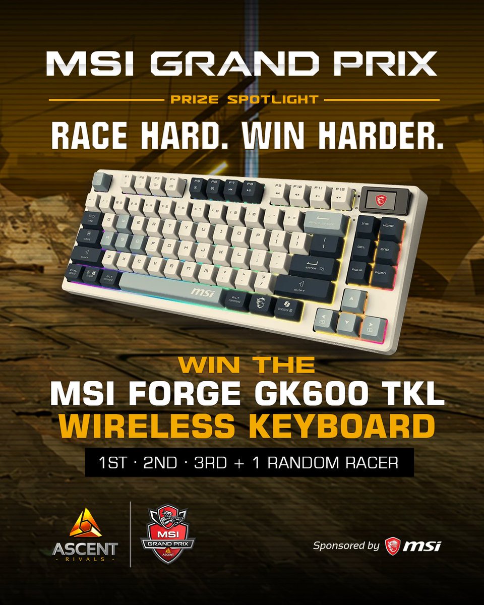 AscentRivals's tweet photo. Big thanks to MSI for sponsoring the MSI Grand Prix! 🏆

Our top racers will take home an MSI FORGE GK600 TKL Wireless Keyboard.

Catch the finals live on Twitch tomorrow and see who takes the podium! https://t.co/9ngPsB9meH
