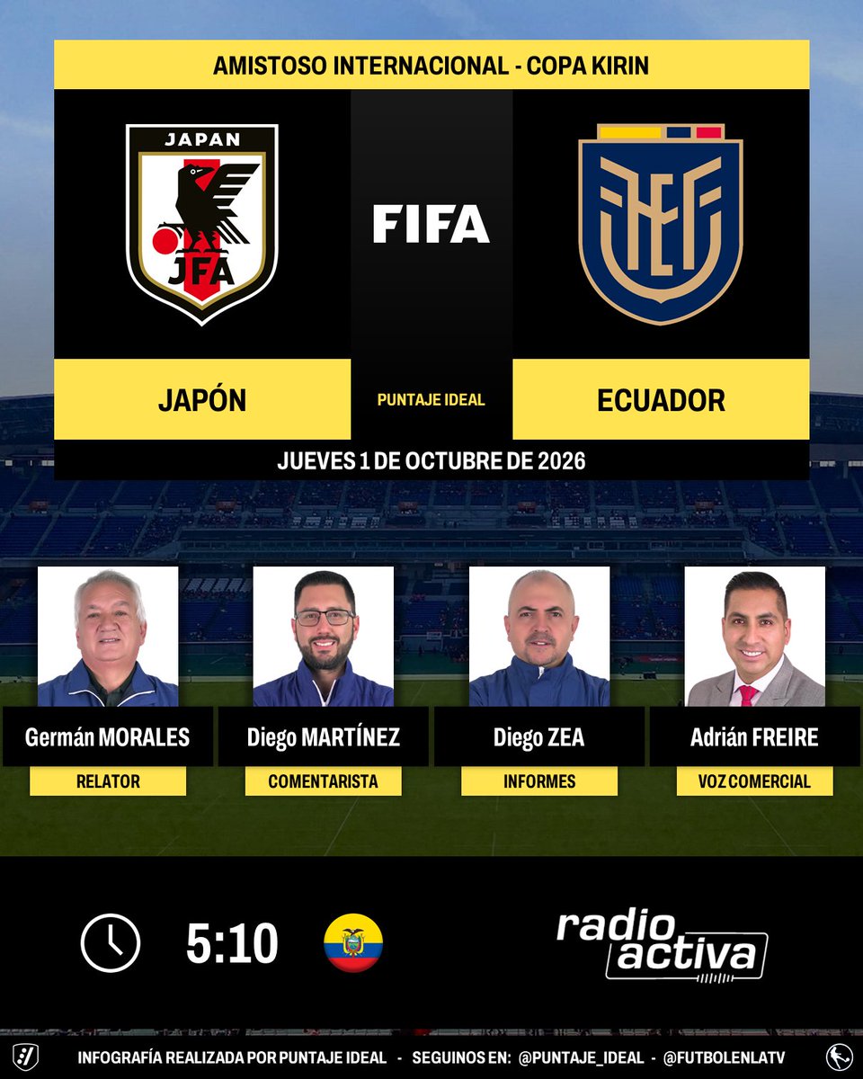 PuntajeIdealEC's tweet photo. ⚽ #Amistoso | 🇯🇵 #Japón vs. #Ecuador 🇪🇨
🎙 Relator: @geramocam
🎙 Comentarista: @DiegoMartinez_C
📋 Informes: @DiegoZeaV
🎙 Voz comercial: @adrianfreire_ec
📻 @radioactiva_ec
🤳 #Radioactiva - #KirinChallengeCup - #JPNvsECU
Dale RT 🔃 https://t.co/gNwttNoWvL